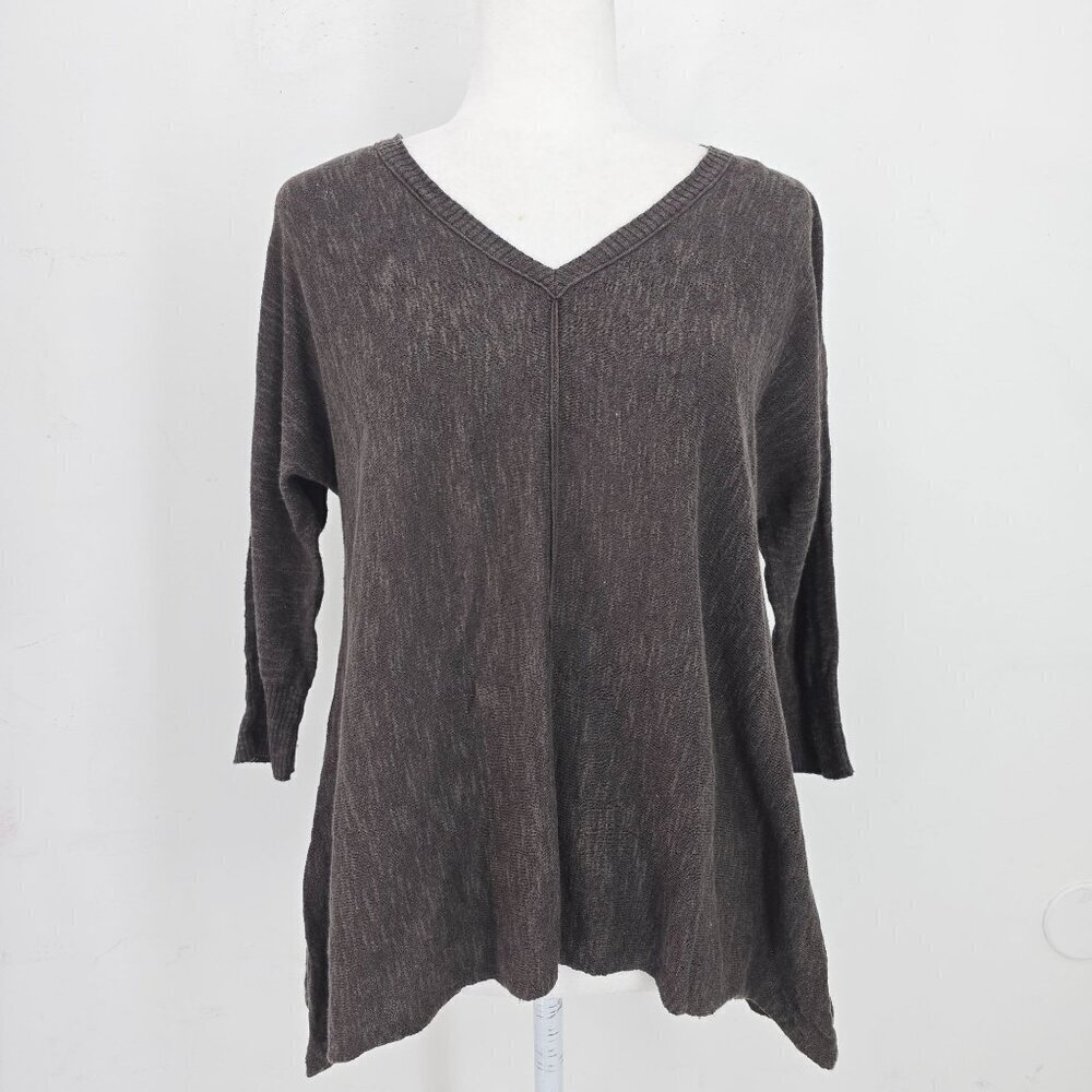 Eileen Fisher Brown V Neck Shark Bite Hem Linen Blend Top Women Size Small